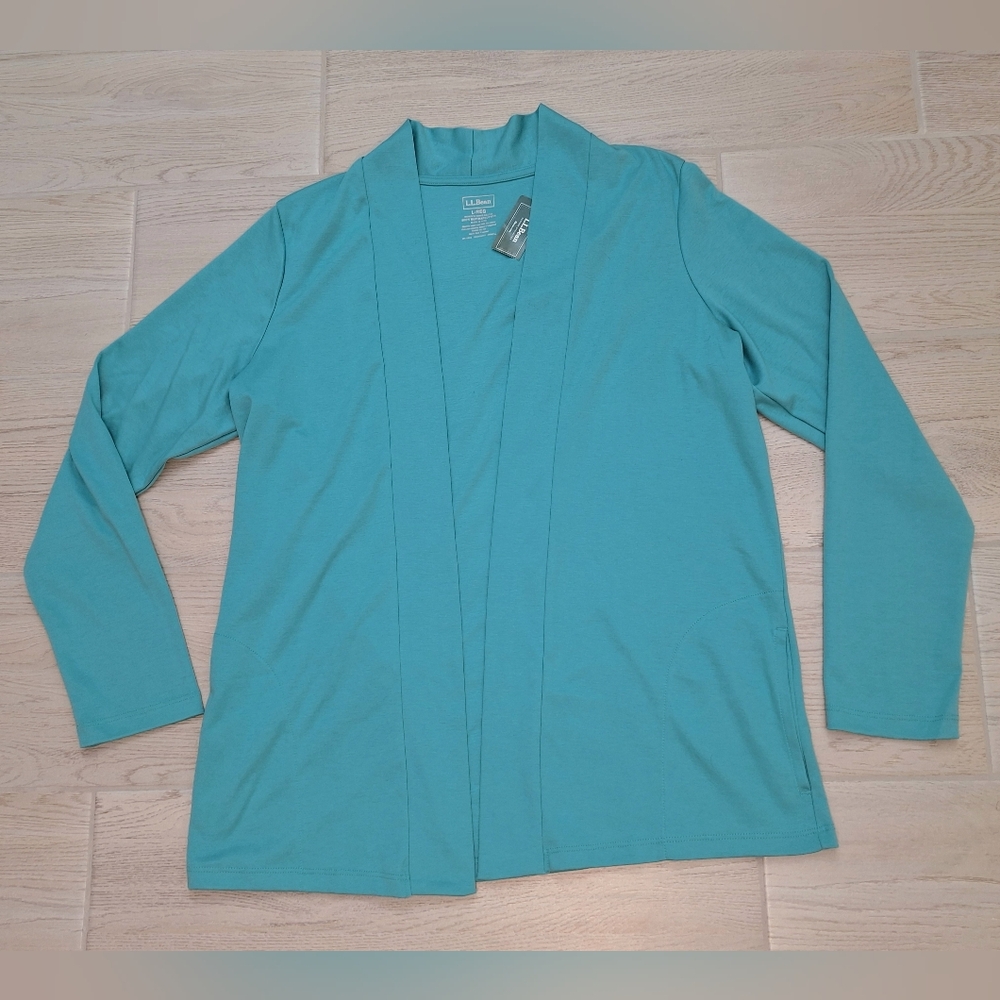 L.L. Bean Women's Pima Cotton Dusty Aqua Open Cardigan Pockets Size Large NWT - Picture 2 of 7